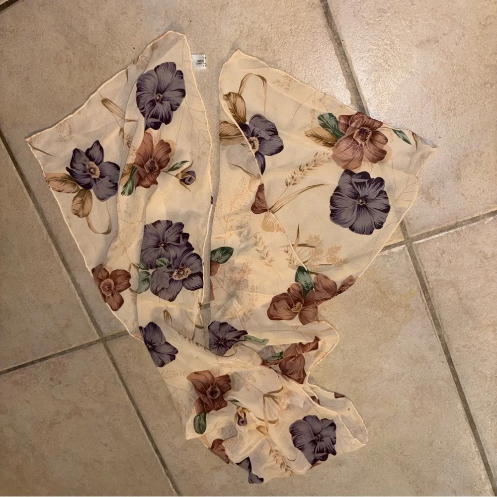 Vintage 90s Y2K Floral Print 100% Silk Sheer Scarf Ivory Purple